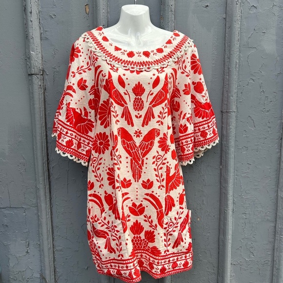 Farm Rio Jungle Flow Belted Mini Dress Red/ Cream Linen, Small - Picture 4 of 16
